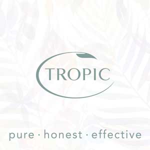 TROPIC logo with leaf design, and the words "pure · honest · effective" below on a light leafy background.
