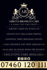 Abbots Bromley Cars advert offering executive car services, airport transfers, and events, with contact number displayed.