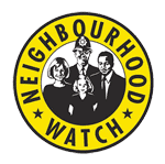 A yellow circular Neighbourhood Watch logo with a police officer and three people inside.