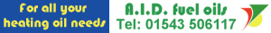 Banner: "For all your heating oil needs. A.I.D. fuel oils. Tel: 01543 506117" with a colourful logo.