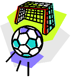 Cartoon football near a goal with colourful, geometric shapes in the background.